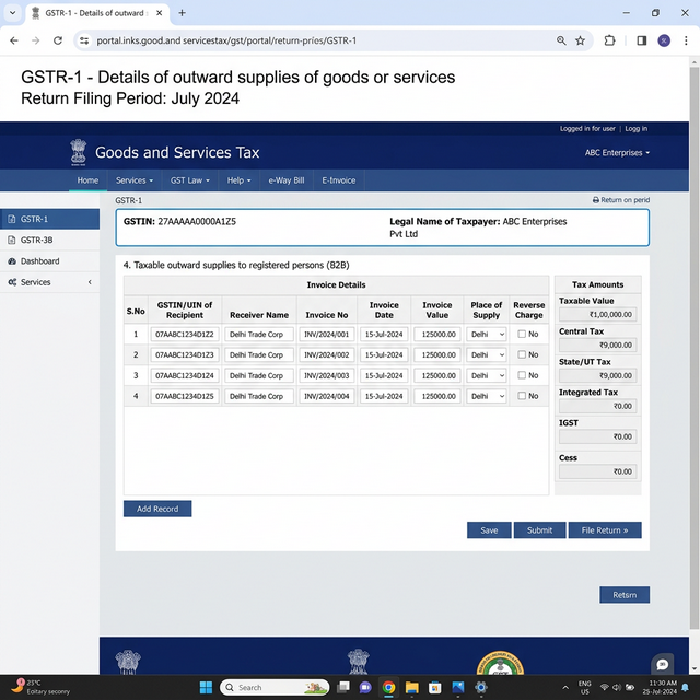 GST GSTR-1 Filing Page